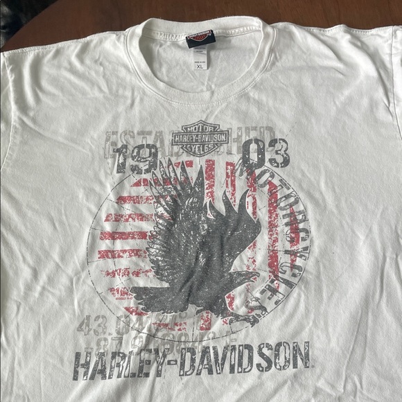 Harley-Davidson Other - Harley-Davidson White Short Sleeve Tee with Black Eagle and Red Stripe Graphic